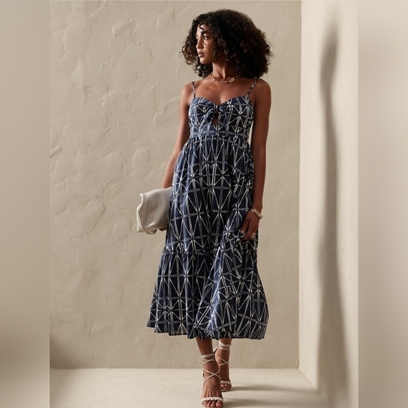 Banana Republic Factory Tie-Front Preppy Navy Midi Dress, Size Small - Picture 1 of 11